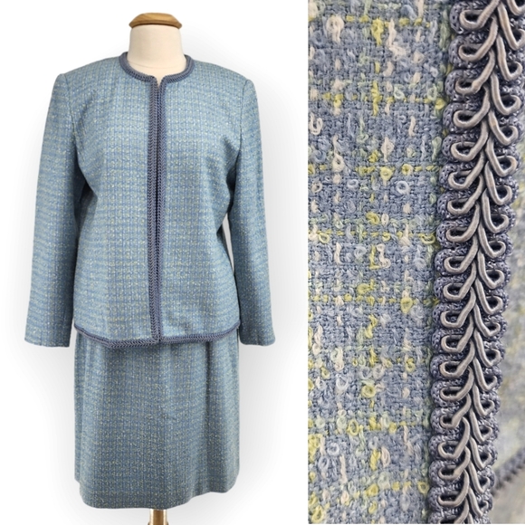 Karen Scott Tweed Checked Jacket & Skirt Suit Set Spring Blue Yellow 16P - Picture 1 of 15